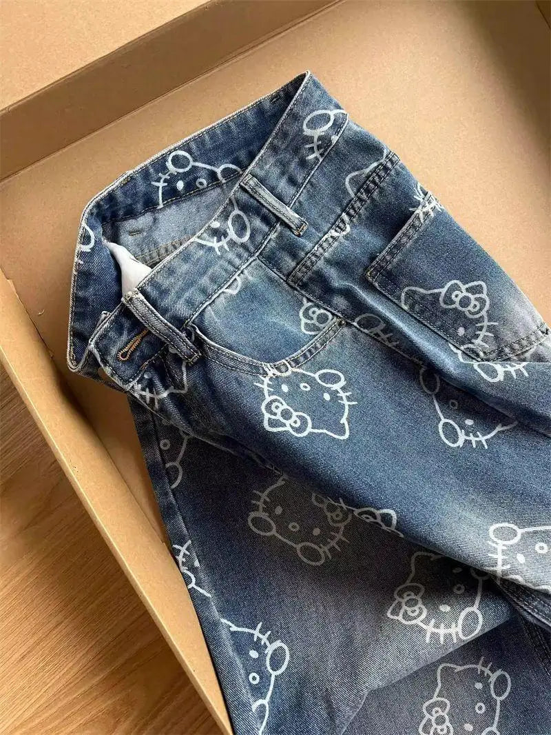 Kawaii Cartoon Print High Waist Wide Leg Jeans