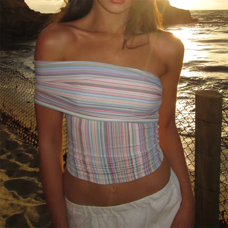 Off Shoulder Striped Tube Top With Ruched Detail Slim Fit Crop Blouse