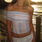 Off Shoulder Striped Tube Top With Ruched Detail Slim Fit Crop Blouse