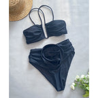 Floral 3D Detail Bikini Swimsuit With High Waist And Wrinkled Texture For Beach Days