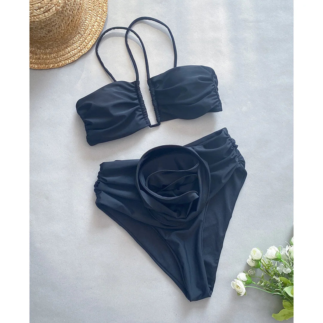 Floral 3D Detail Bikini Swimsuit With High Waist And Wrinkled Texture For Beach Days