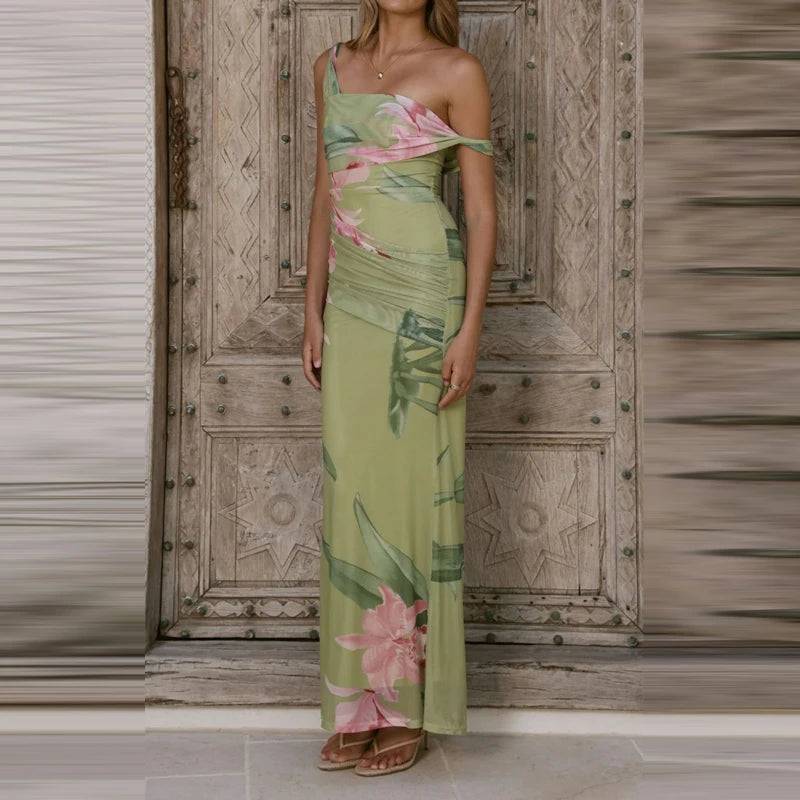 Elegant Floral Mesh Maxi Dress Sleeveless With Slash Collar