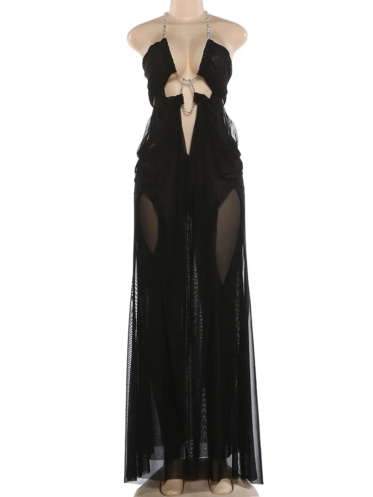 Backless Mesh Beach Dress With Halter Chain Deep V Ruched