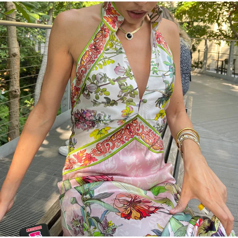 Flirty Printed Halter Backless Dress For Summer Party Chic Evening Outfits Slim High Waist