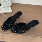 Satin Polka Dot Square Toe Sandals With Lightweight Low Heels