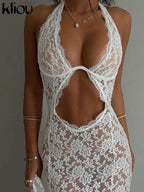 Lace Halter Long Dress Coquette Deep V Neck Ruched Trim