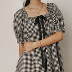 Gingham Babydoll Mini Dress With Puff Sleeves And Bow