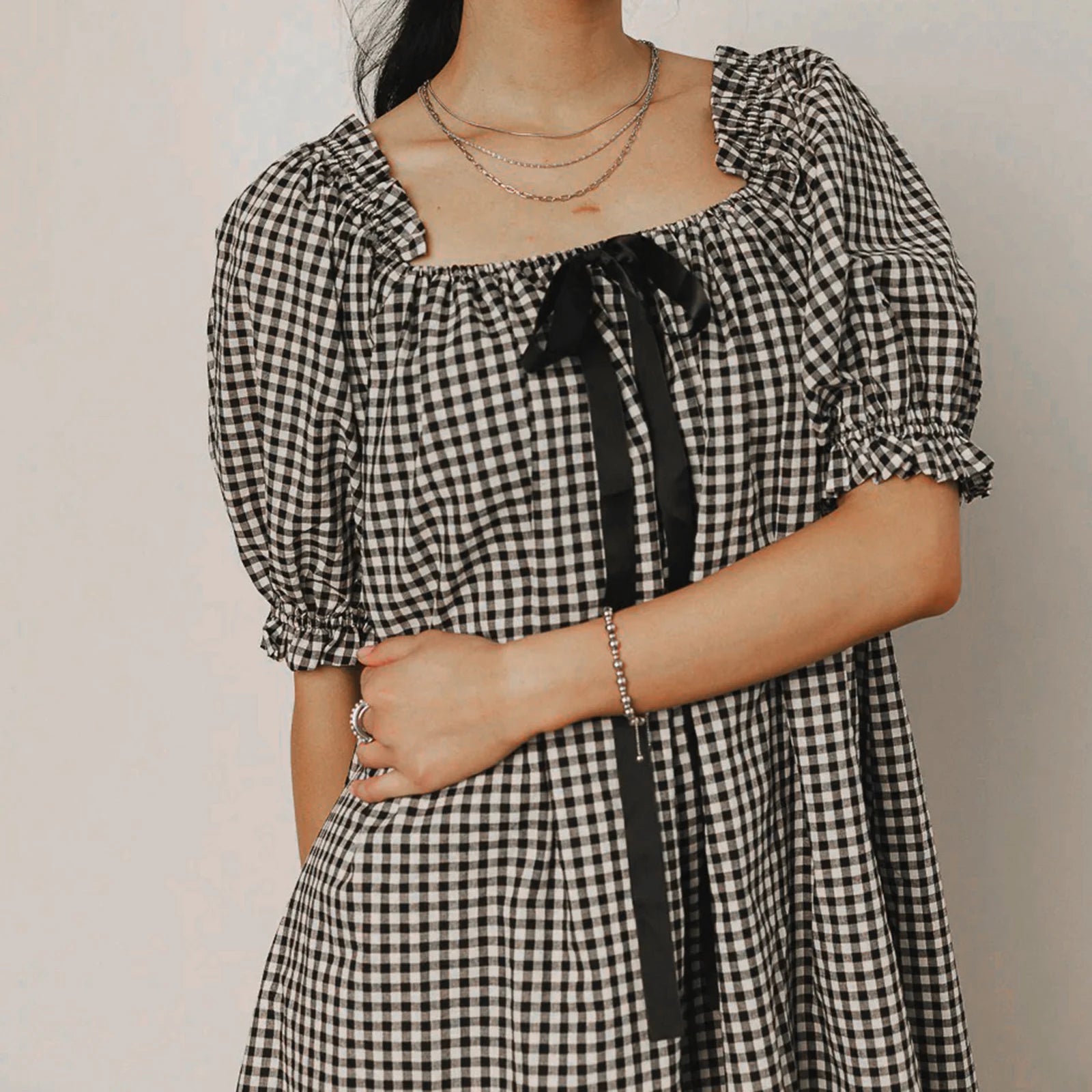 Gingham Babydoll Mini Dress With Puff Sleeves And Bow