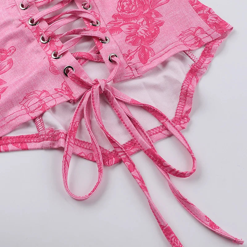 Strapless Printed Corset Top With Lace Up Details Hollow Out