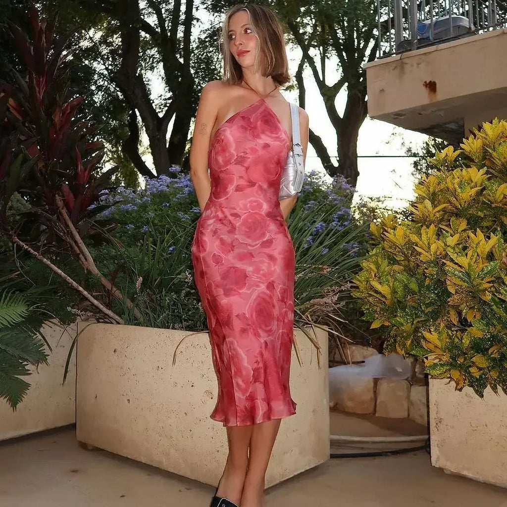 Floral Print Halter Dress With Backless Bodice Sleeveless Bodycon