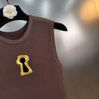 Hollow-Out Knit Vest Dress With Metal Buttons Sleeveless Slit