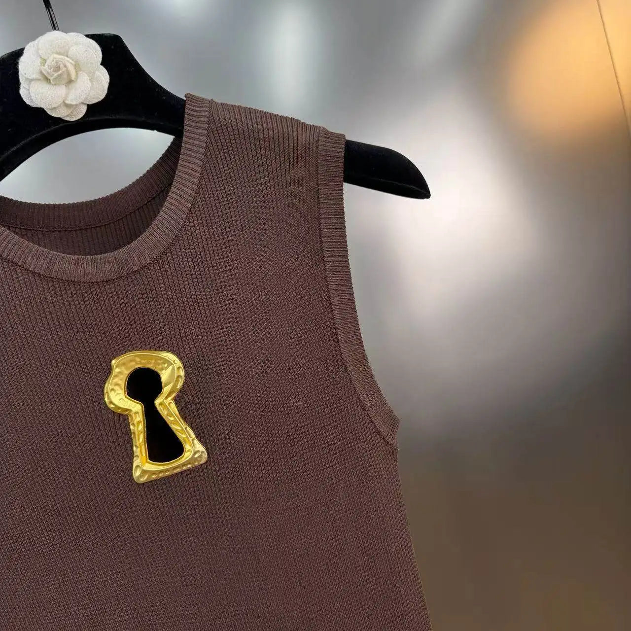 Hollow-Out Knit Vest Dress With Metal Buttons Sleeveless Slit