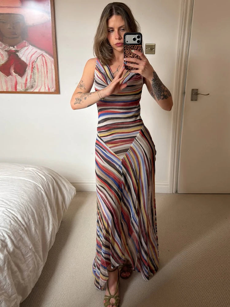 Colorful Stripe Sleeveless Midi Dress