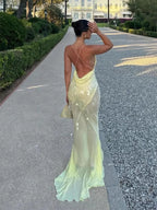 Sequin Deep V Neck Mermaid Maxi Dress Backless Sleeveless Lace Up Gown