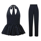 Dot Print Halter Top Set With Wide Leg Pants