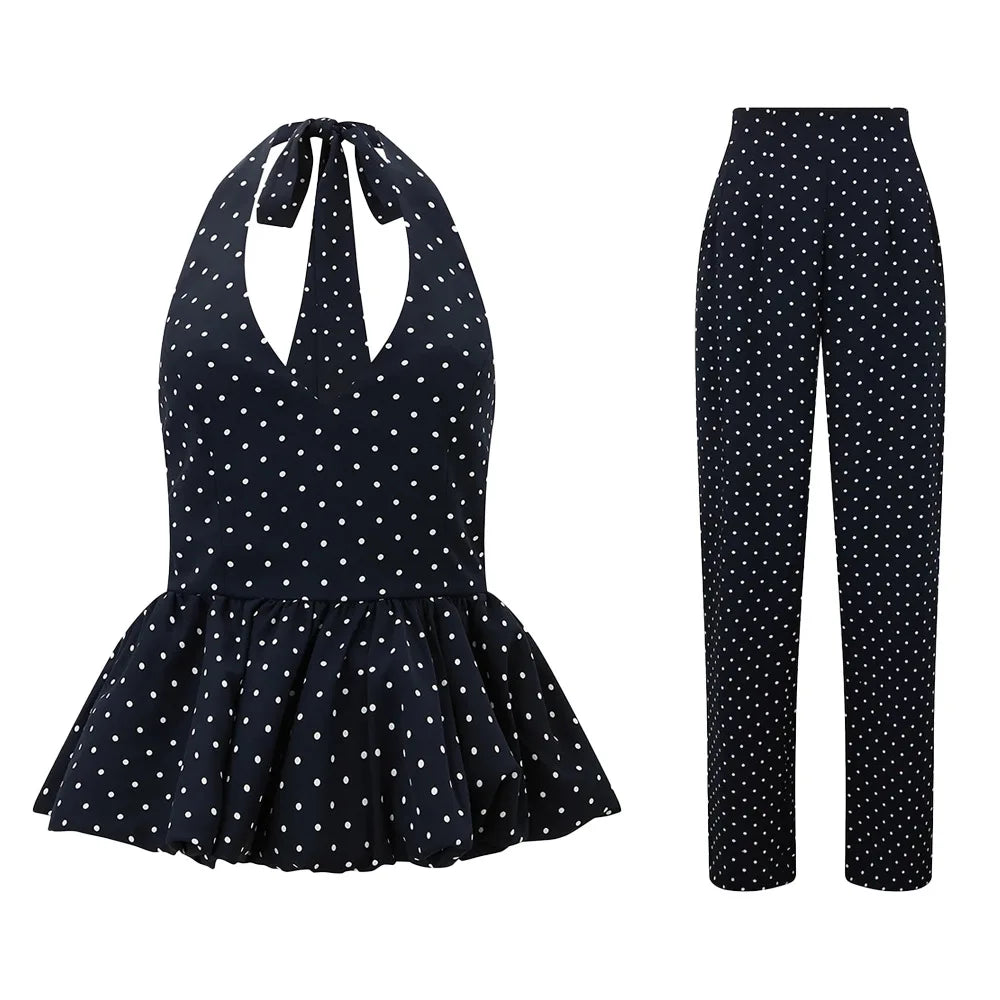 Dot Print Halter Top Set With Wide Leg Pants