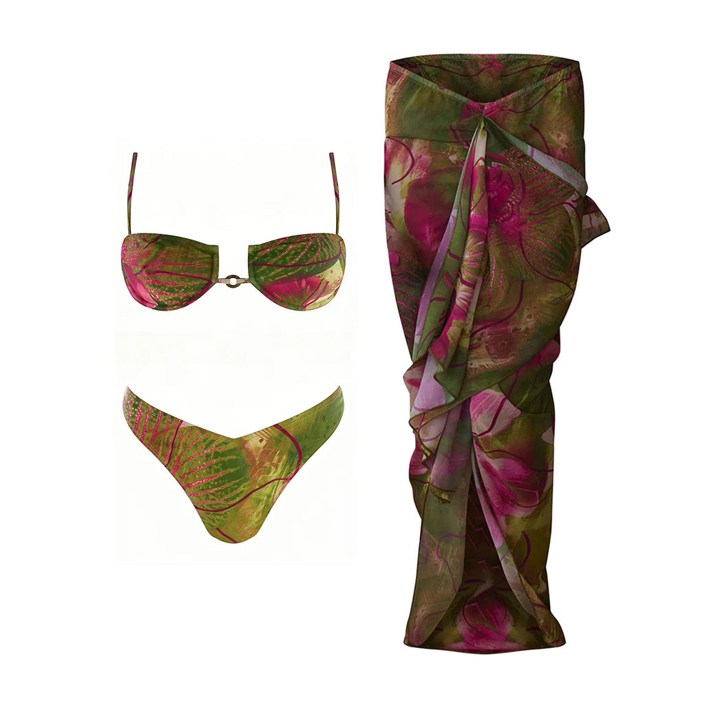 Floral Push Up Bikini Set Three Piece Swimwear