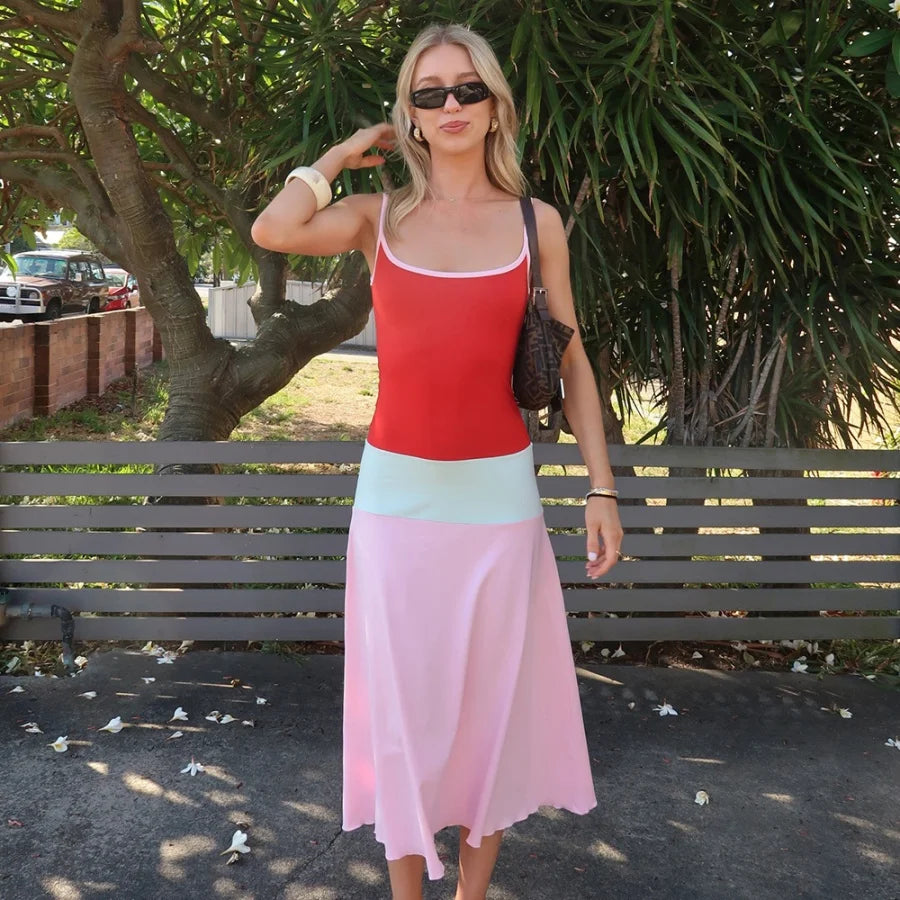 Colorful Spaghetti Strap Maxi Dress Slim Backless Sundress