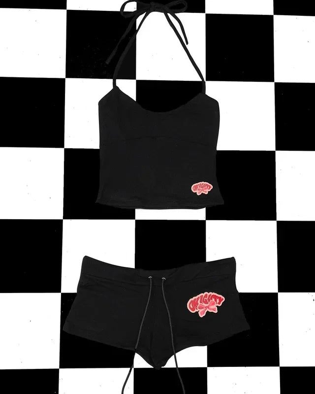 Graphic Letter Print Crop Top With Shorts Grunge Streetwear Vibe