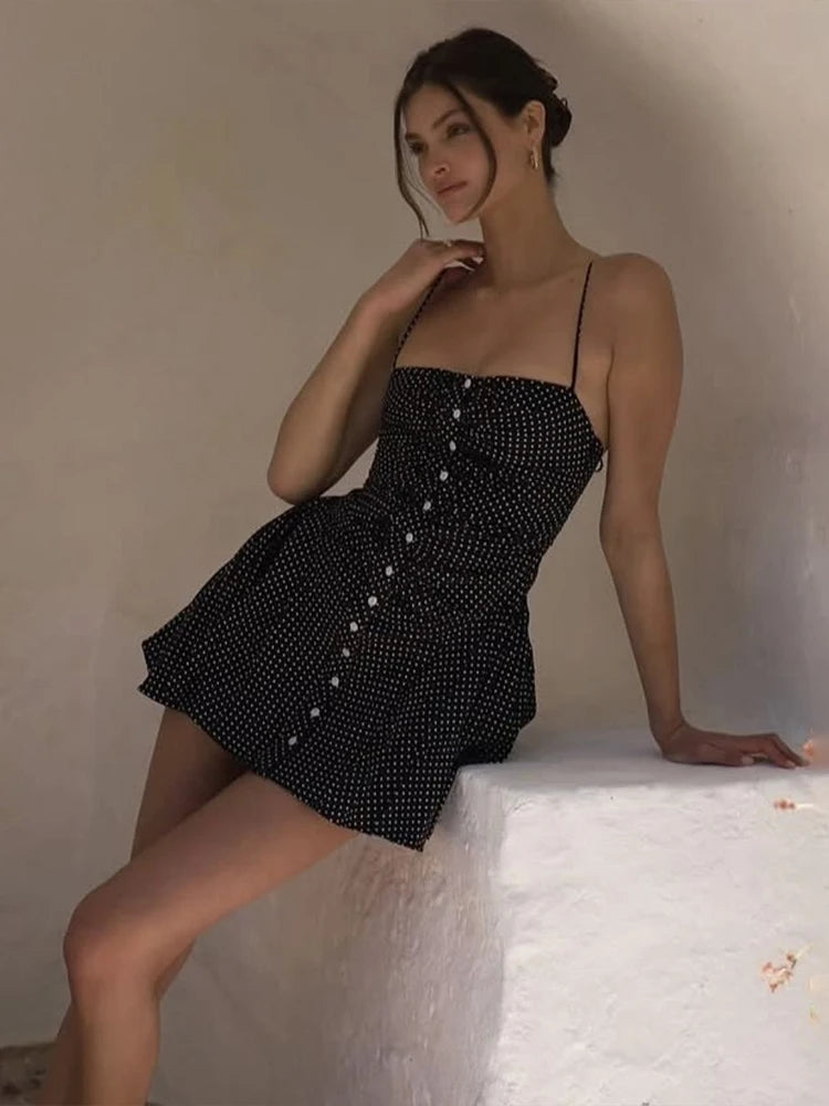 Speckled Print Spaghetti Strap Mini Dress Sleeveless Bodycon Pleated Detail