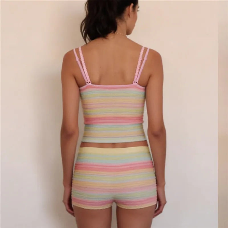 Pastel Rainbow Set With Seamless Cami Top And Ribbed Knit Boyshort Cozy Retro Vibe