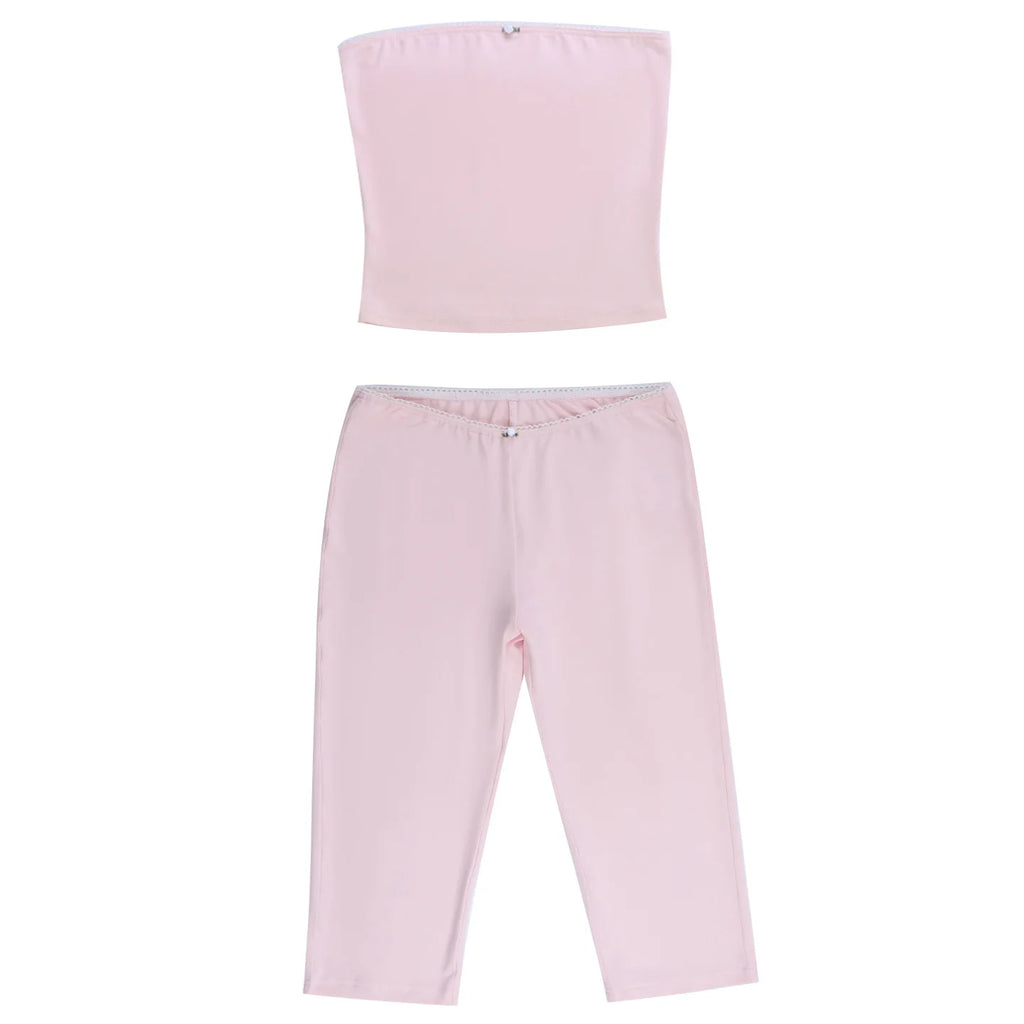 Lace Trim Strapless Crop Top With Slim Capri Pants Two Piece Set