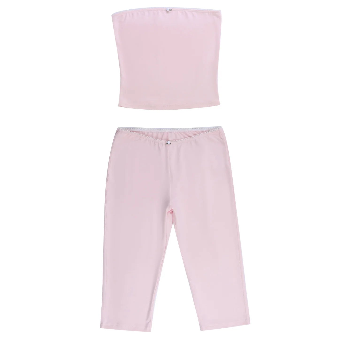 Lace Trim Strapless Crop Top With Slim Capri Pants Two Piece Set
