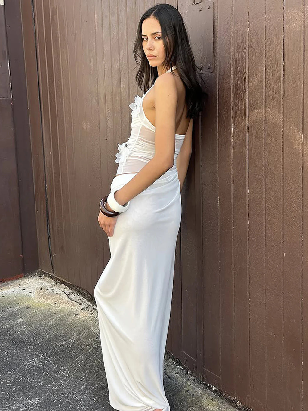 Halter Backless Sheer Mesh Maxi Dress With Floral Embellishment