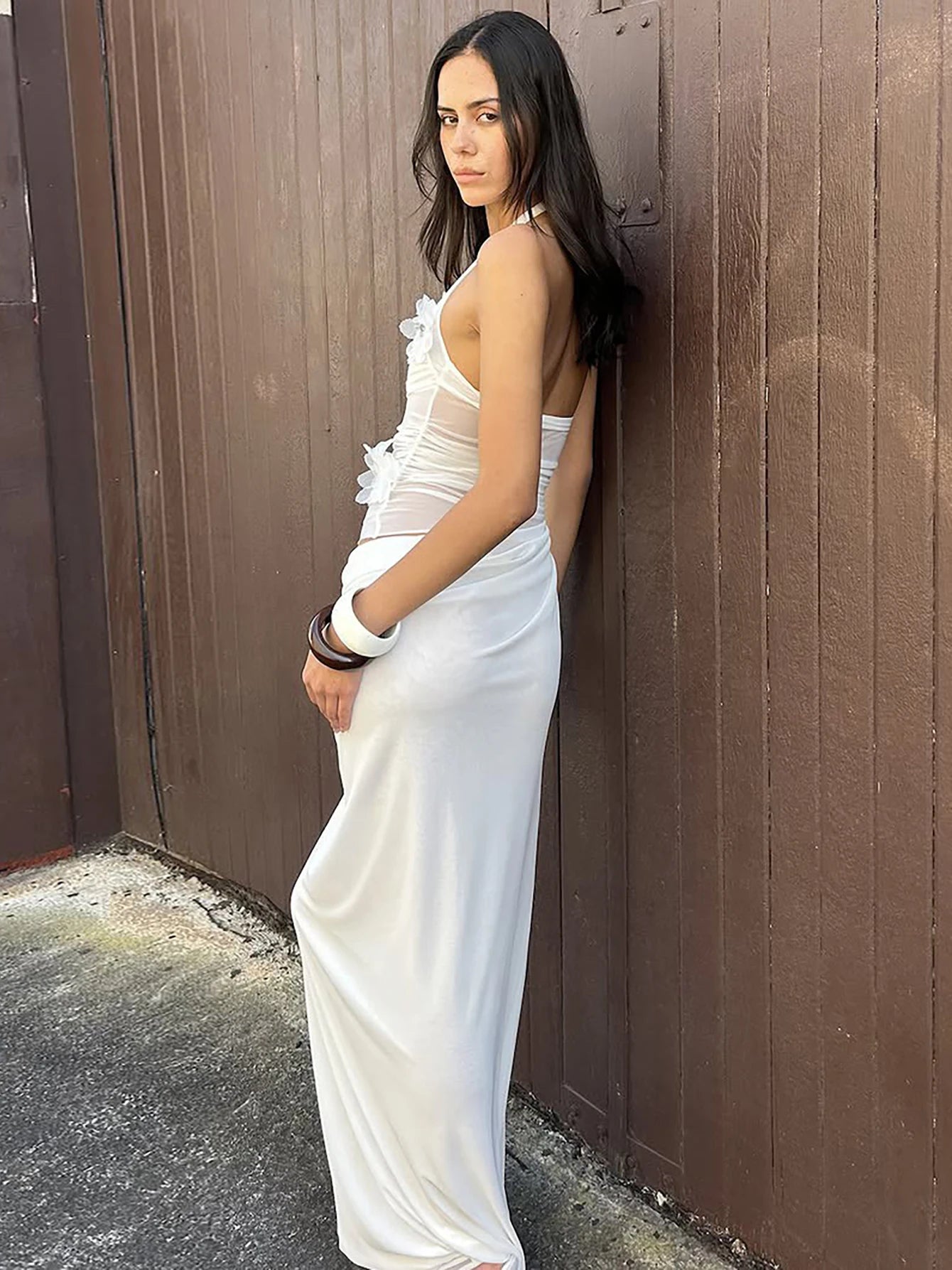 Halter Backless Sheer Mesh Maxi Dress With Floral Embellishment