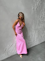 Elegant Deep V Knit Maxi Dress With Backless Suspender Detail
