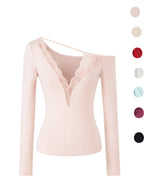 Lace Splice Long Sleeve Vneck Top For Night Out Chic