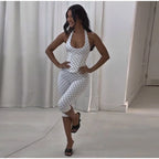 Chic Polka Dot Two Piece Set With Halter Lace Up Corset Top And Cropped Pants Y2K Inspired Outfit