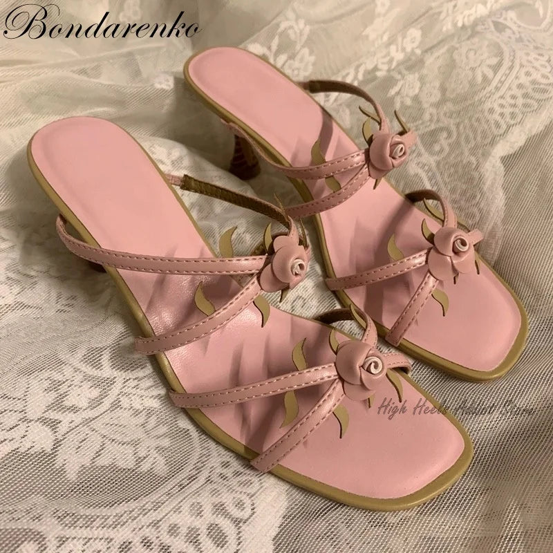 Vintage Rose Slippers With Flowers Strappy Low Heel Mules