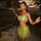 Beaded Sequin Two Piece Set Sleeveless Backless Crop Top And Mini Skirt Glam Outfit