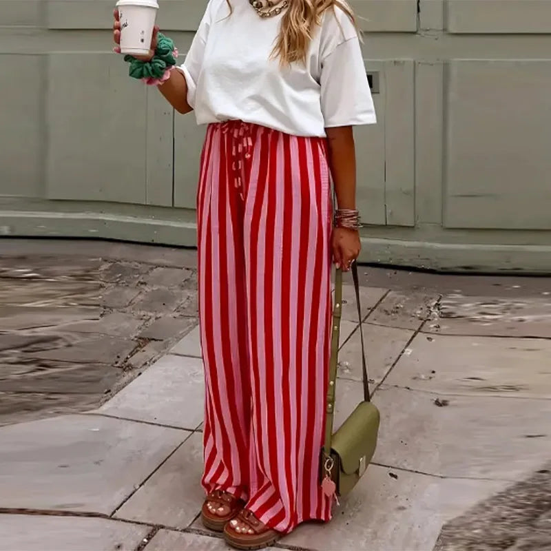 Relaxed Striped Pants For Women With Elastic Waist And Lace Up Detail Wide Leg Straight Trousers