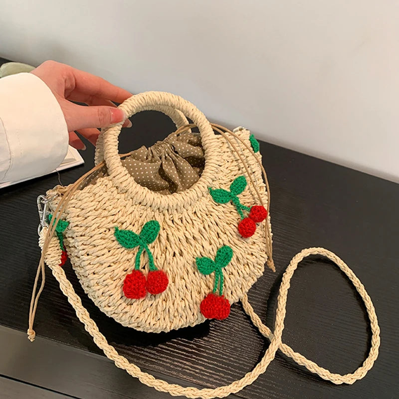 Cherry Deco Chic Shoulder Bag Mini Basket Purse Paper Weave Handmade