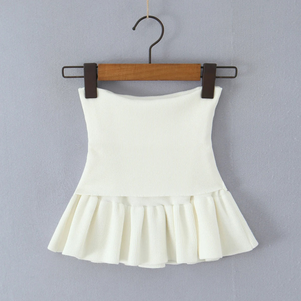 Y2K Women Roll Down Rib Knitted Hem Ruched Pleated Mini Skirt Elastic Waist Hips A-line Skirt