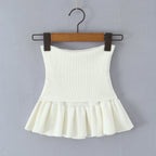 Y2K Women Roll Down Rib Knitted Hem Ruched Pleated Mini Skirt Elastic Waist Hips A-line Skirt