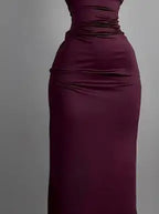 Red Slit Maxi Dress With Figure Flattering Silhouette Waist Cinch Elegant Length And Sophisticated Charm