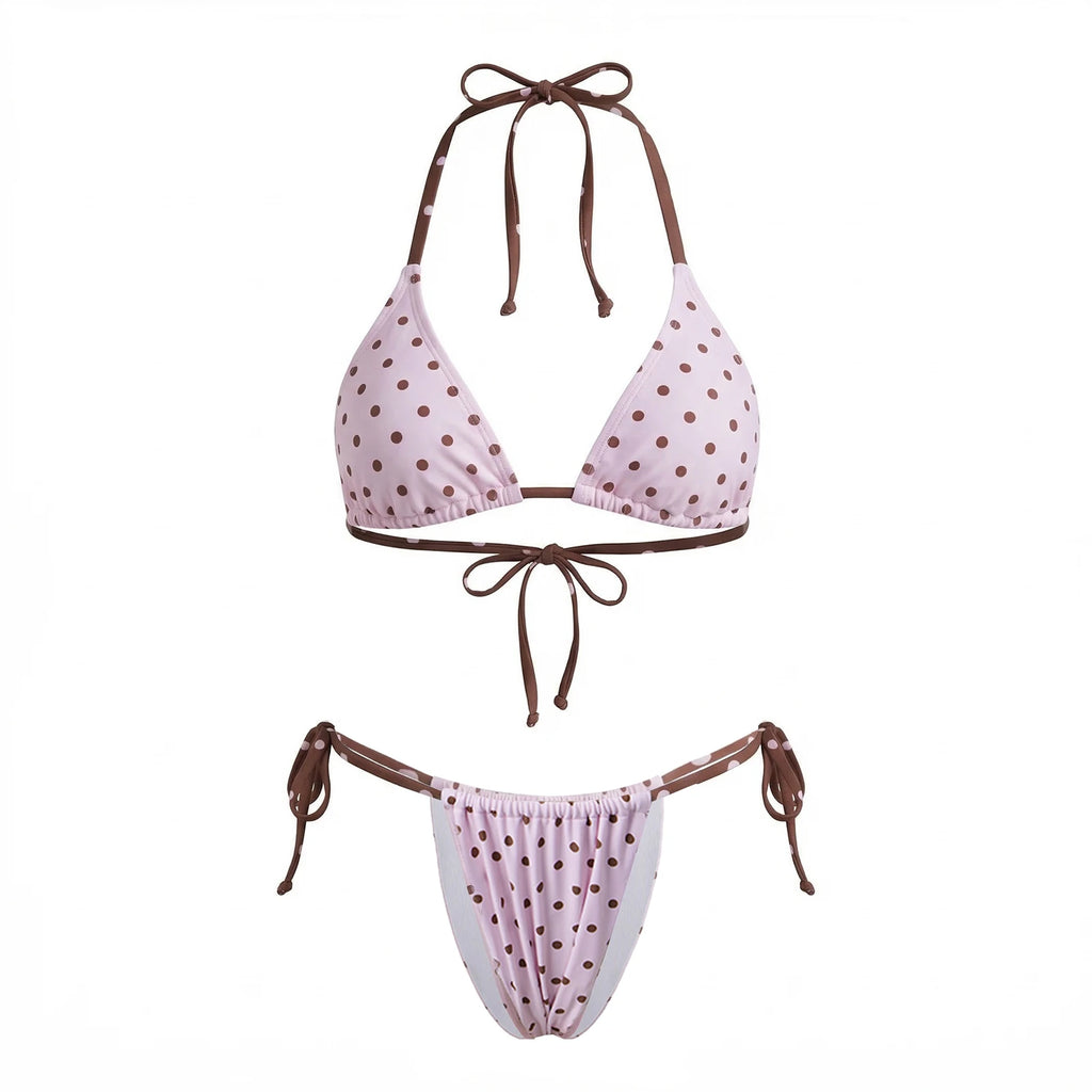 Women 2 Pieces Bikini Swimsuits Dots Print Tie-Up Halter Sleeveless Padded Bra Thong Bottoms