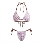 Women 2 Pieces Bikini Swimsuits Dots Print Tie-Up Halter Sleeveless Padded Bra Thong Bottoms