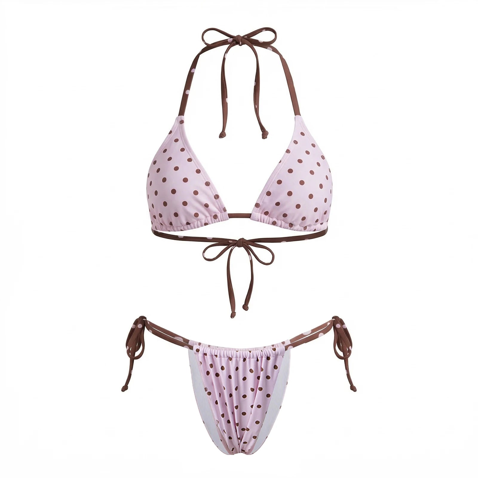 Women 2 Pieces Bikini Swimsuits Dots Print Tie-Up Halter Sleeveless Padded Bra Thong Bottoms