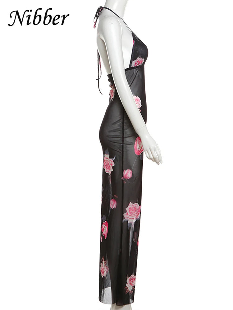 Floral Rose Print Backless Halter Maxi Dress