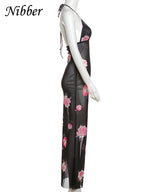 Floral Rose Print Backless Halter Maxi Dress