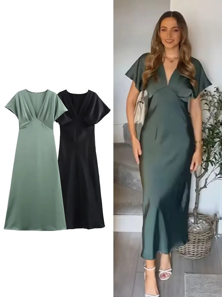 Elegant l Solid Satin Midi Dress With V Neck And Short Sleeves