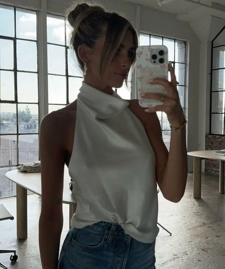Elegant White Satin Halter Backless Top Sleeveless