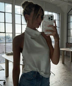 Elegant White Satin Halter Backless Top Sleeveless