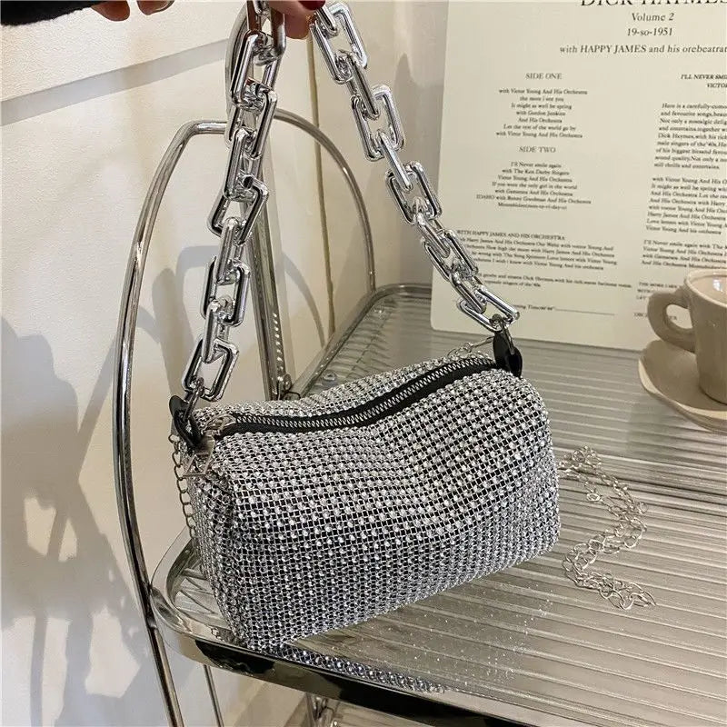 Mini Crossbody Rhinestone Bucket Bag With Glitter Chain Purse