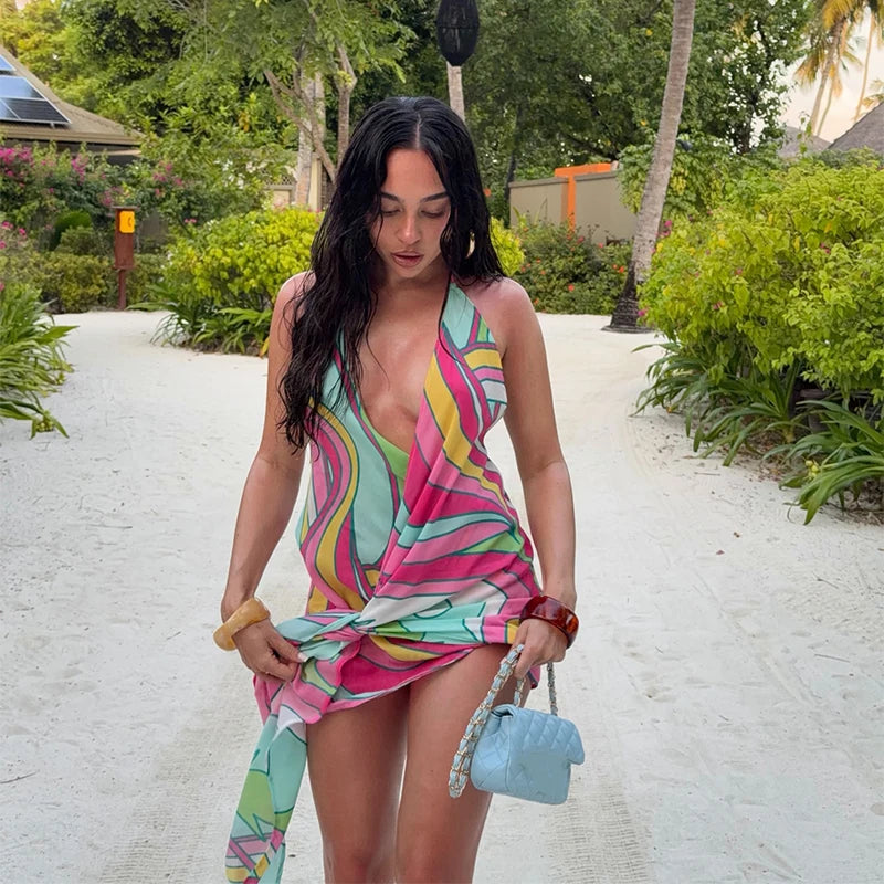 Striped Halter Mini Dress With Lace Up V Neck