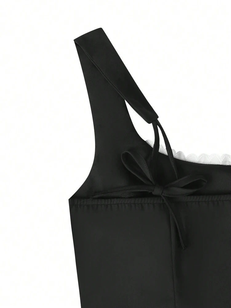 Lace Trim Camisole Mini Dress in Solid Polyester with Square Neck and Sleek